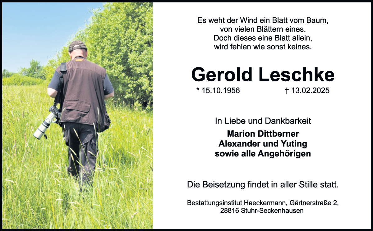 Traueranzeige von Gerold Leschke von Regionale Rundschau/Syker Kurier