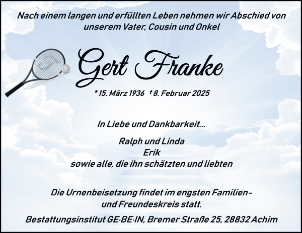 Traueranzeige von Gert Franke von WESER-KURIER