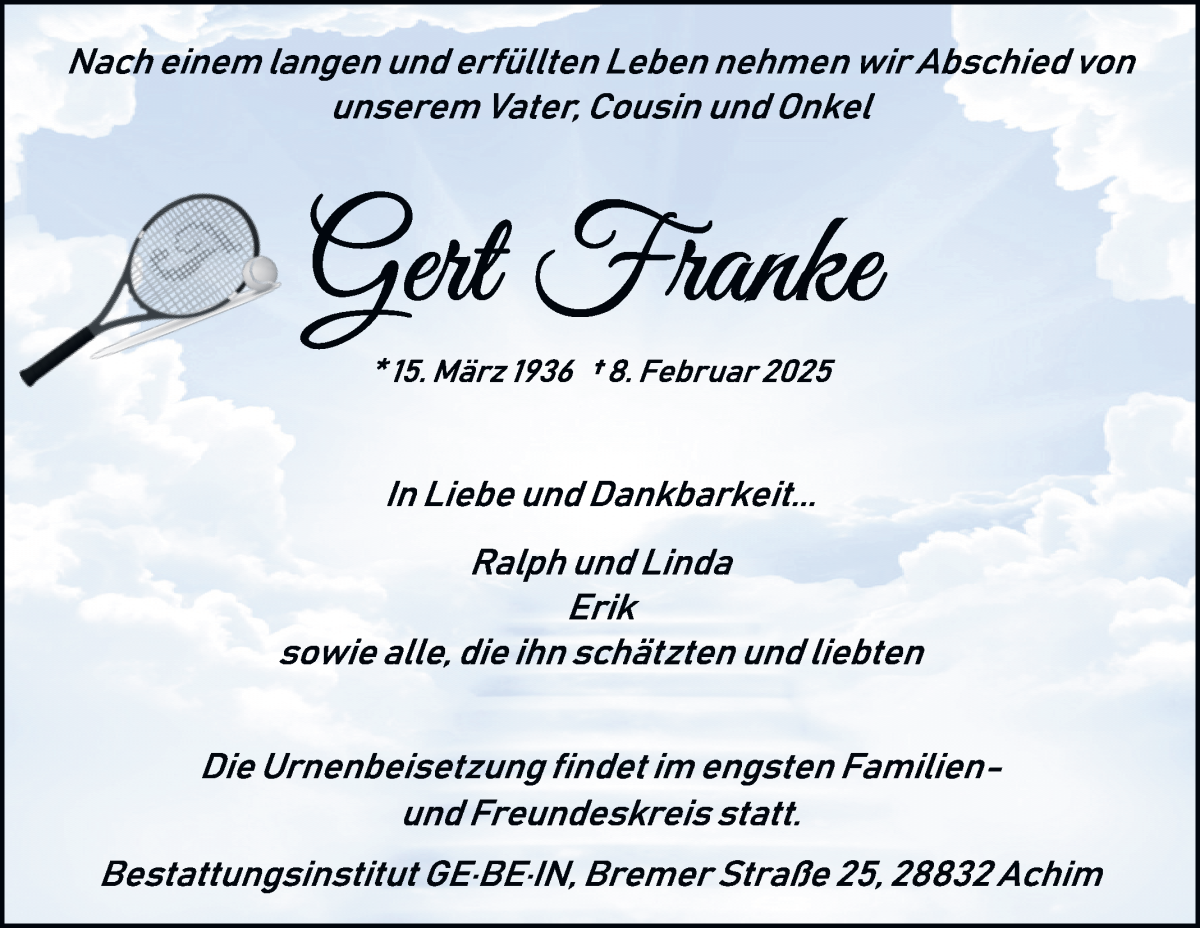 Traueranzeige von Gert Franke von WESER-KURIER