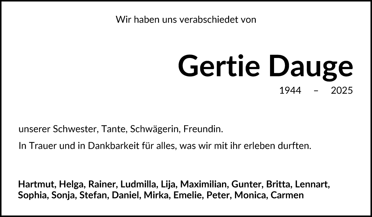 Traueranzeige von Gertie Dauge von Osterholzer Kreisblatt