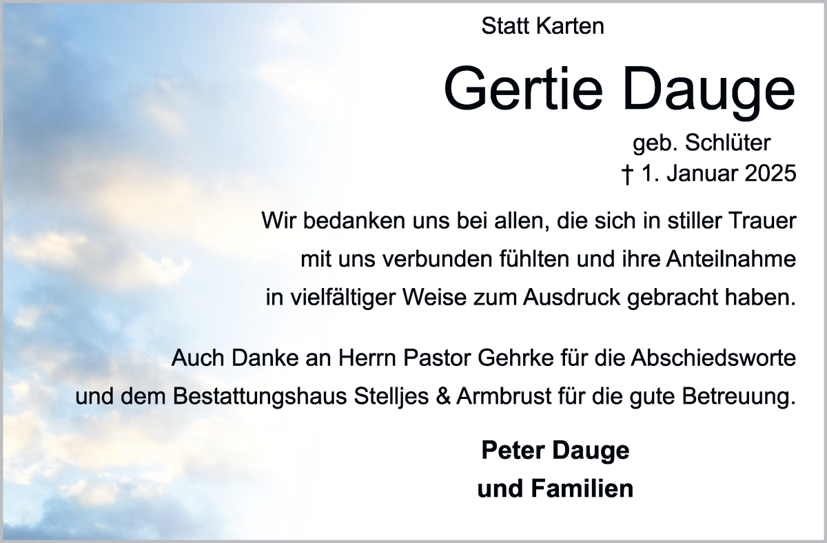 Traueranzeige von Gertie Dauge von Osterholzer Kreisblatt