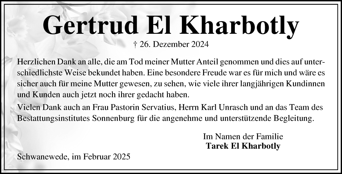 Traueranzeige von Gertrud El Kharbotly von Die Norddeutsche
