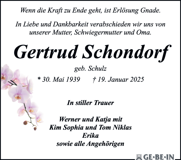 Traueranzeige von Gertrud Schondorf von WESER-KURIER