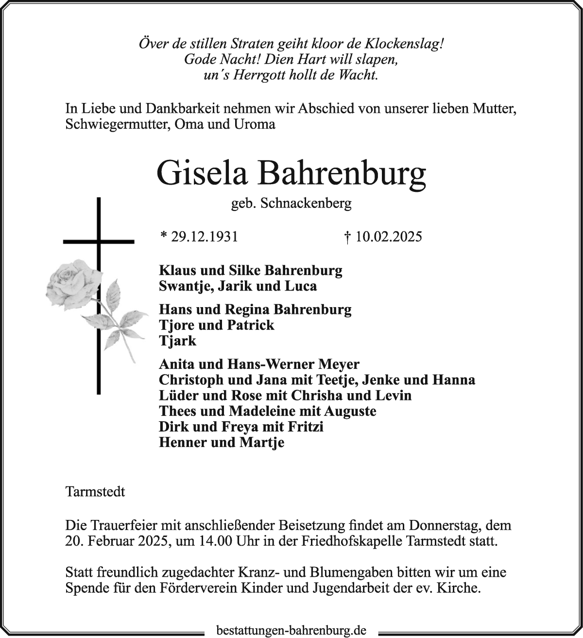 Traueranzeige von Gisela Bahrenburg von Wuemme Zeitung