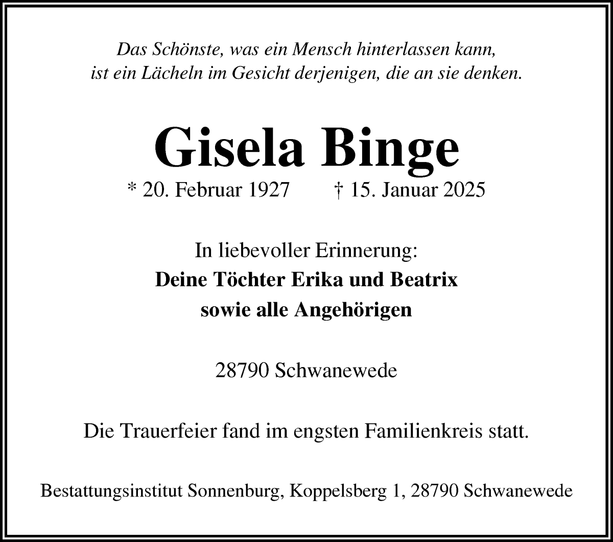 Traueranzeige von Gisela Binge von Die Norddeutsche