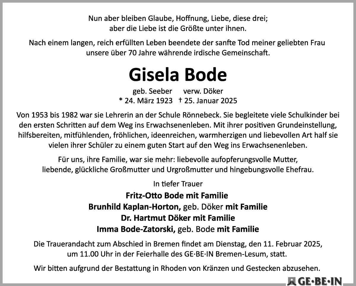 Traueranzeige von Gisela Bode von WESER-KURIER