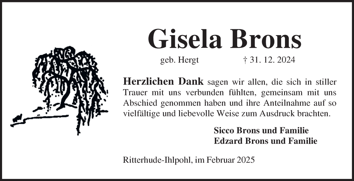 Traueranzeige von Gisela Brons von Osterholzer Kreisblatt