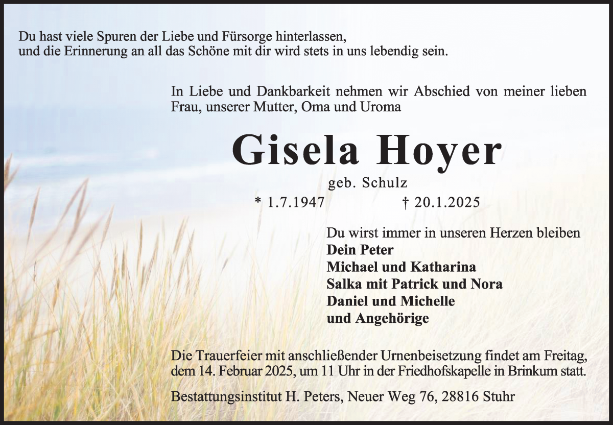 Traueranzeige von Gisela Hoyer von Regionale Rundschau/Syker Kurier