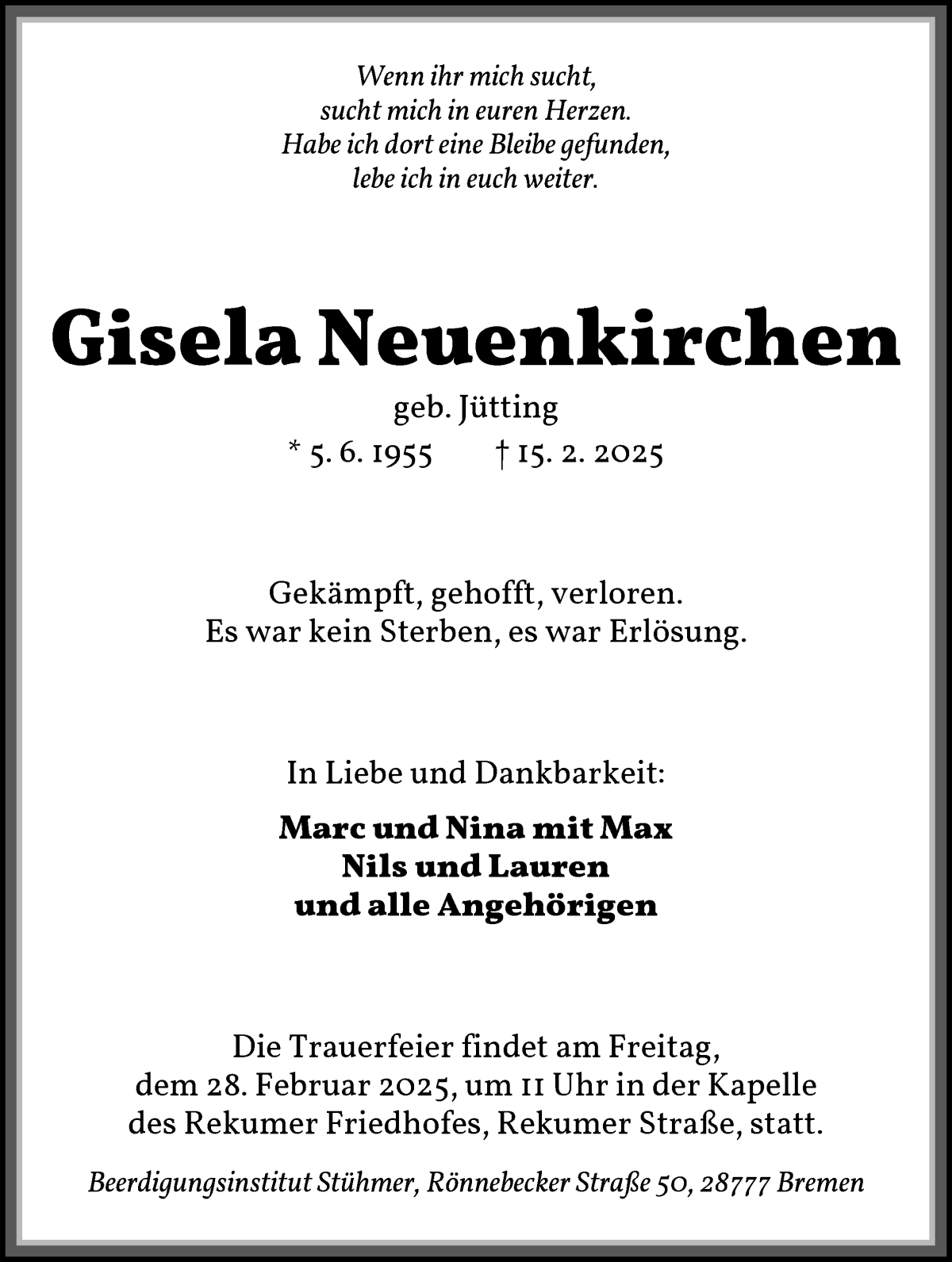 Traueranzeige von Gisela Neuenkirchen von Die Norddeutsche