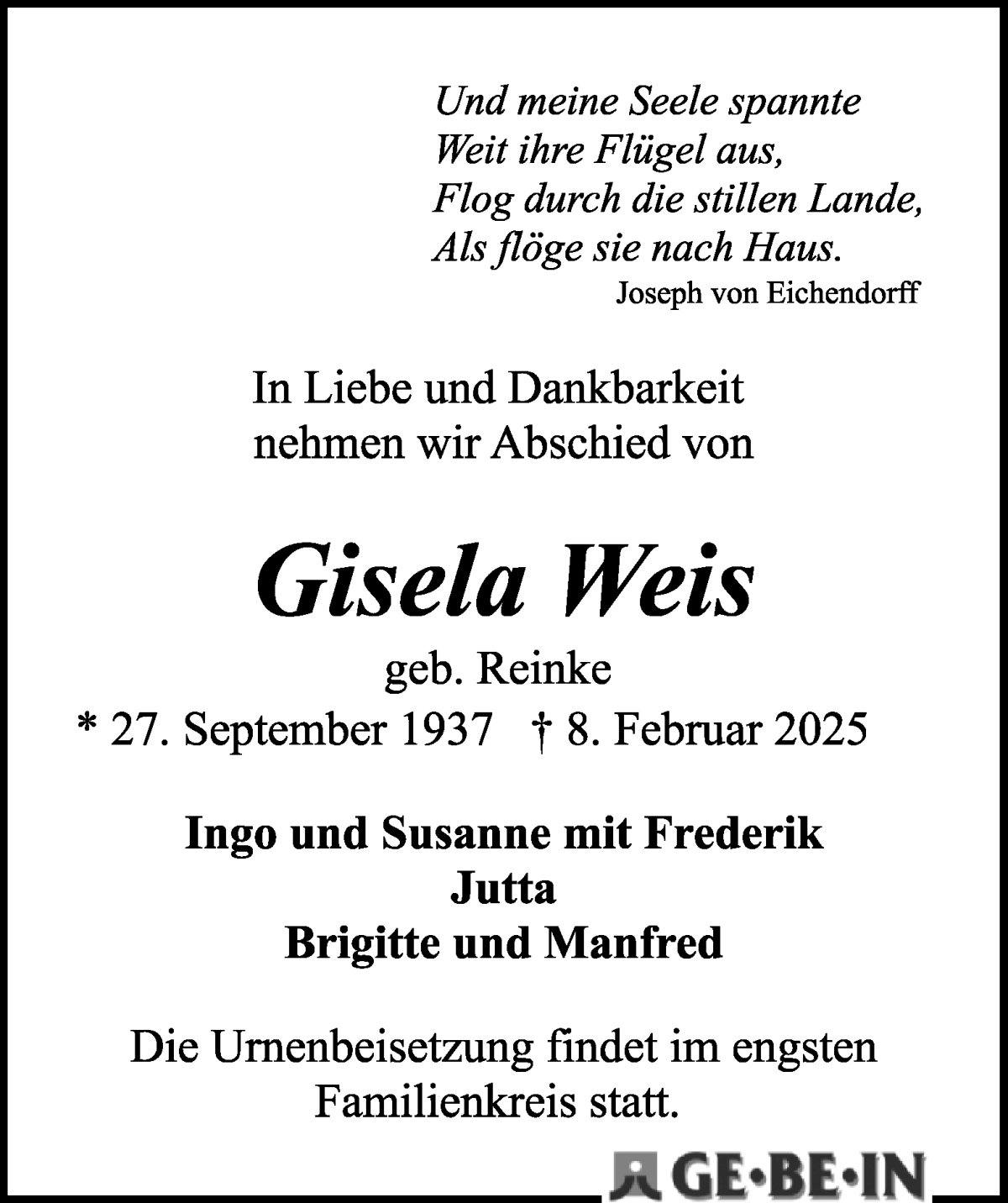 Traueranzeige von Gisela Weis von WESER-KURIER