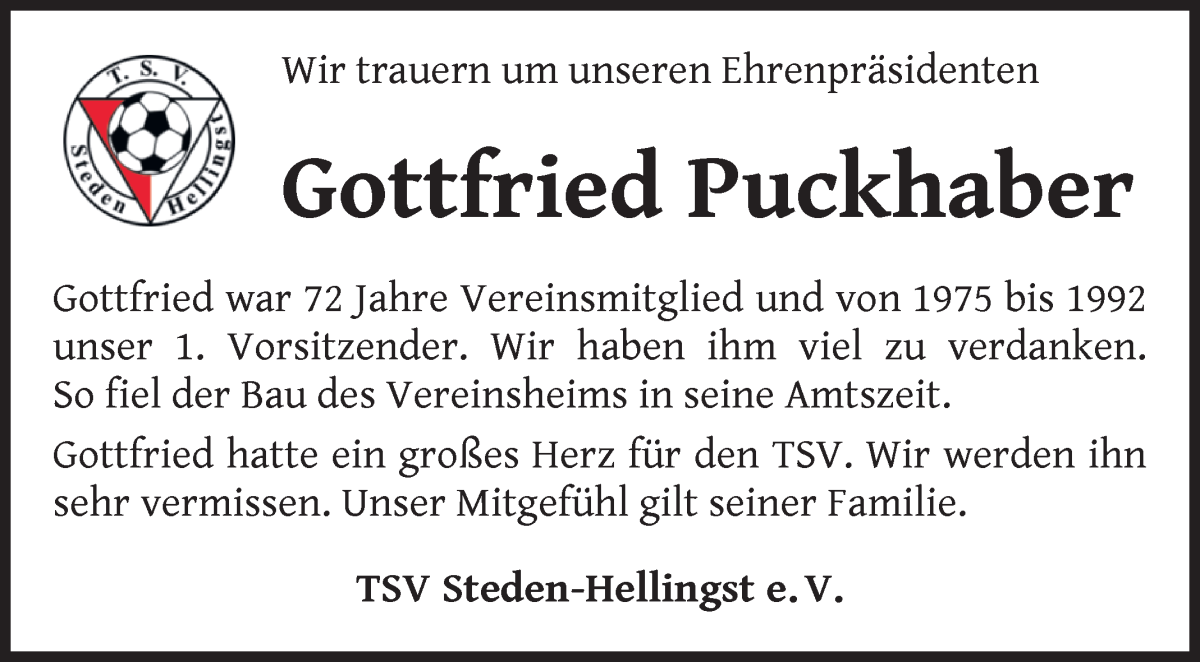 Traueranzeige von Gottfried Puckhaber von Osterholzer Kreisblatt