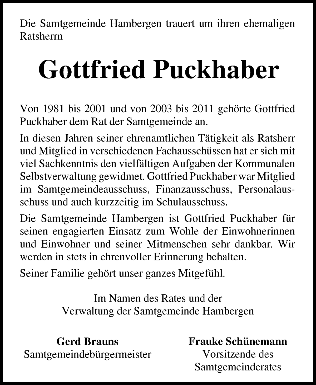 Traueranzeige von Gottfried Puckhaber von Osterholzer Kreisblatt