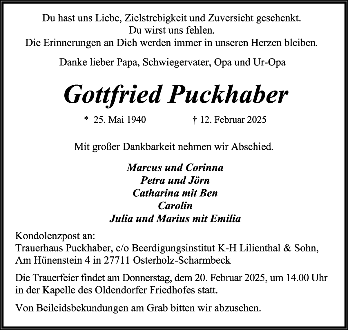 Traueranzeige von Gottfried Puckhaber von Osterholzer Kreisblatt