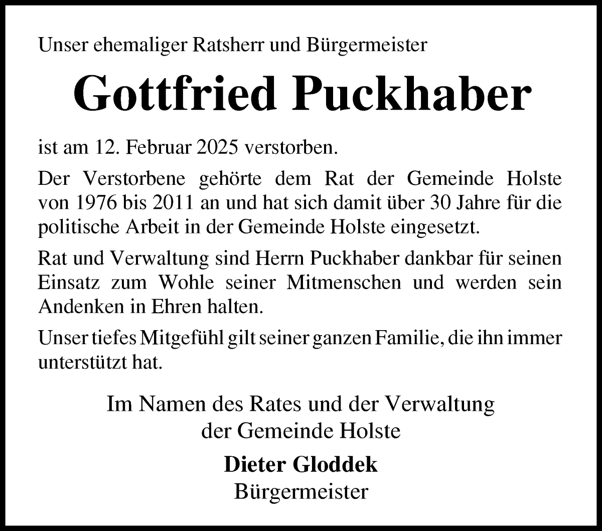 Traueranzeige von Gottfried Puckhaber von Osterholzer Kreisblatt