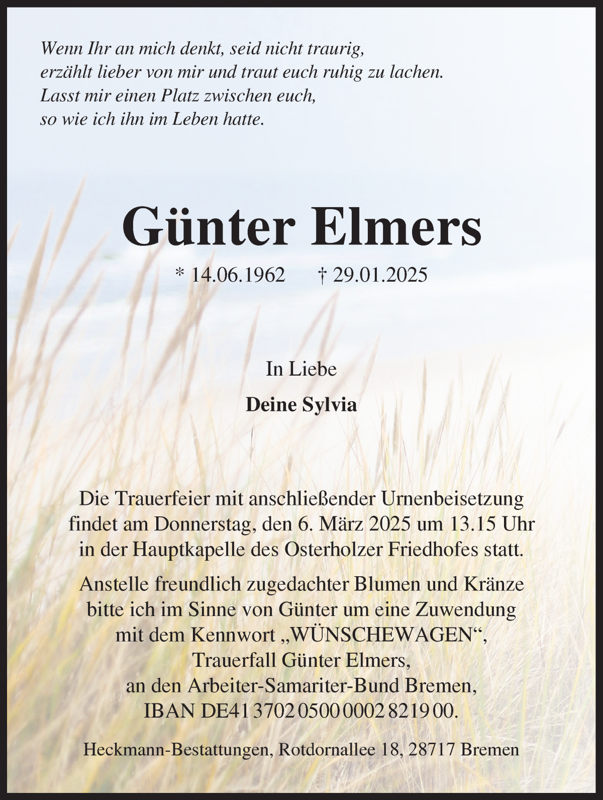 Traueranzeige von Günter Elmers von WESER-KURIER