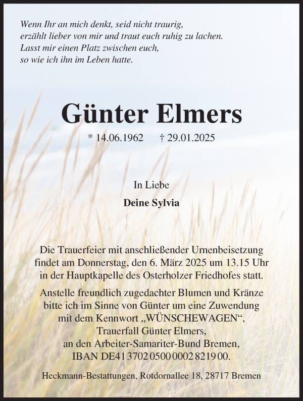 Traueranzeige von Günter Elmers von WESER-KURIER