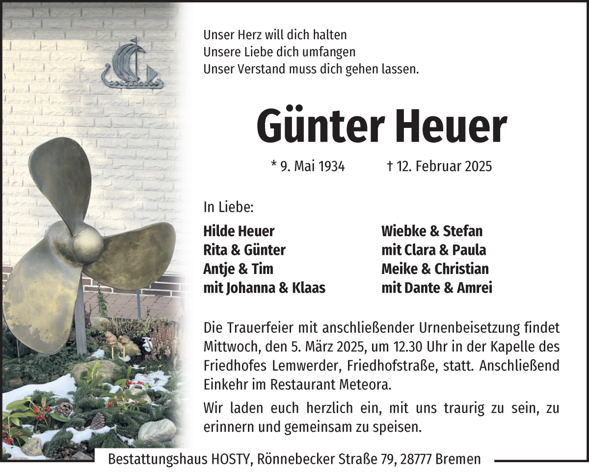 Traueranzeige von Günter Heuer von Die Norddeutsche