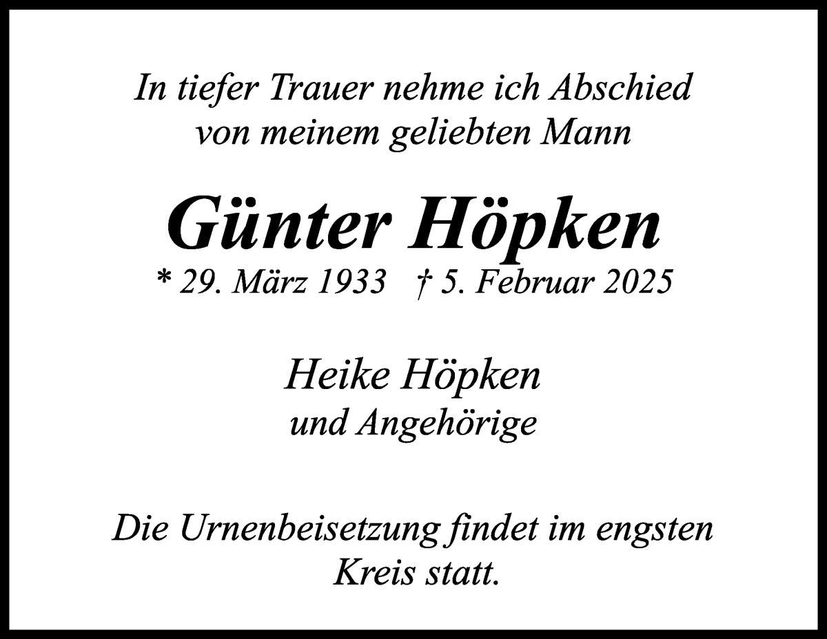 Traueranzeige von Günter Höpken von WESER-KURIER