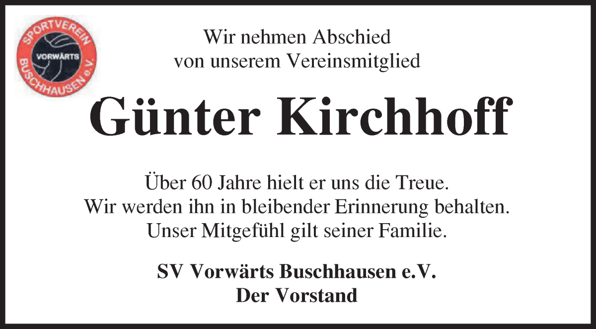 Traueranzeige von Günter Kirchhoff von Osterholzer Kreisblatt