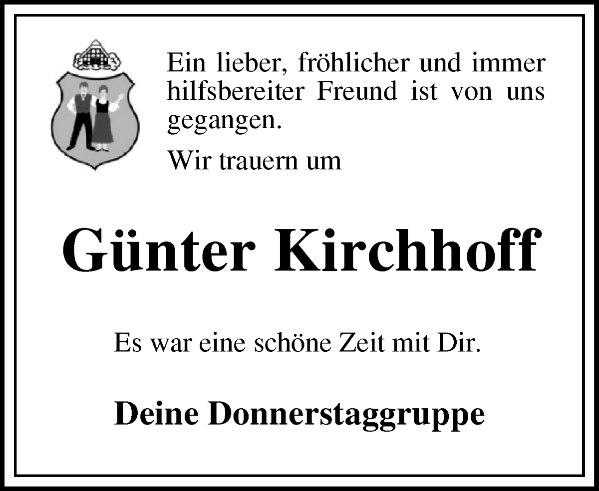 Traueranzeige von Günter Kirchhoff von Osterholzer Kreisblatt