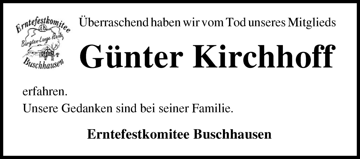 Traueranzeige von Günter Kirchhoff von Osterholzer Kreisblatt