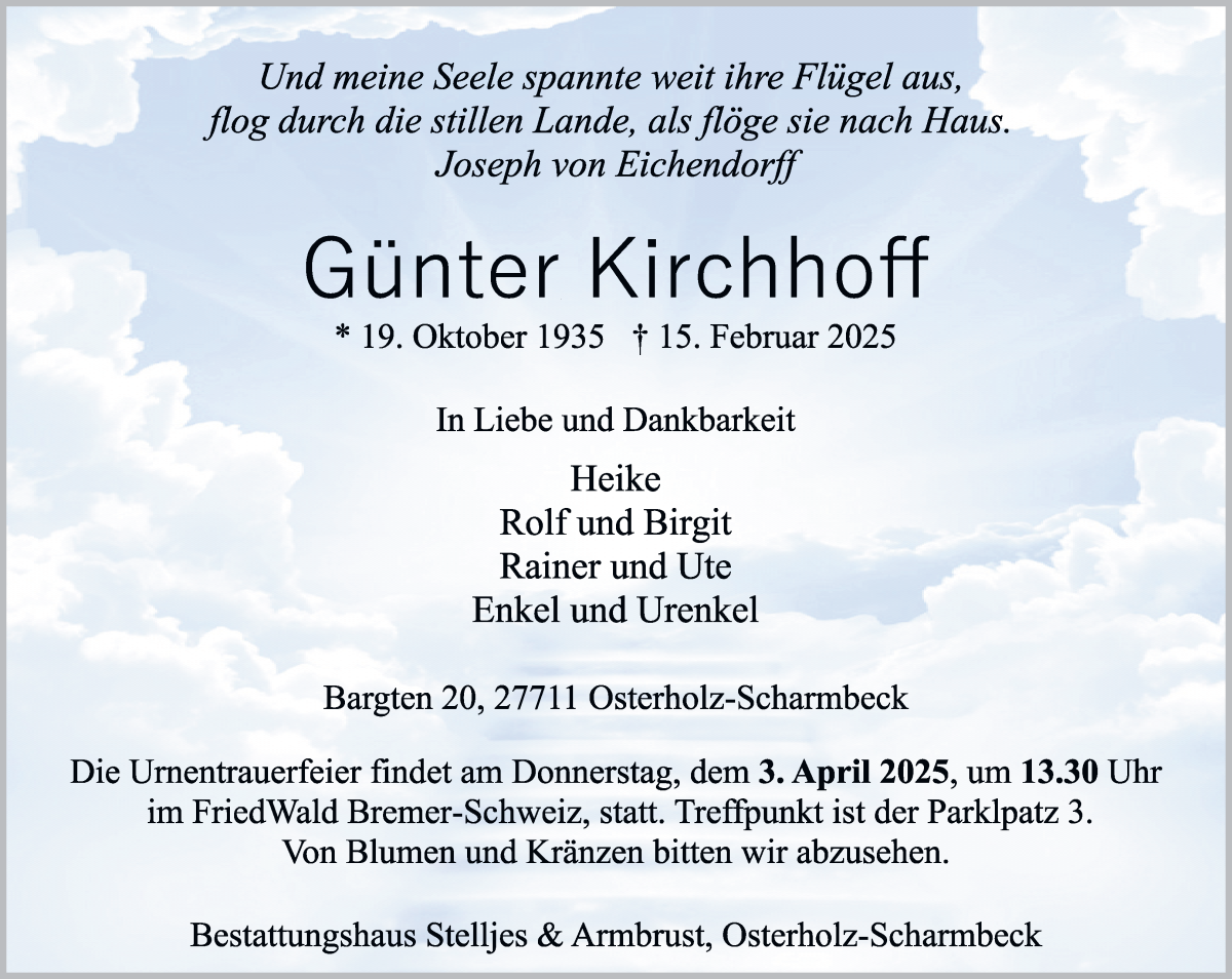Traueranzeige von Günter Kirchhoff von Osterholzer Kreisblatt