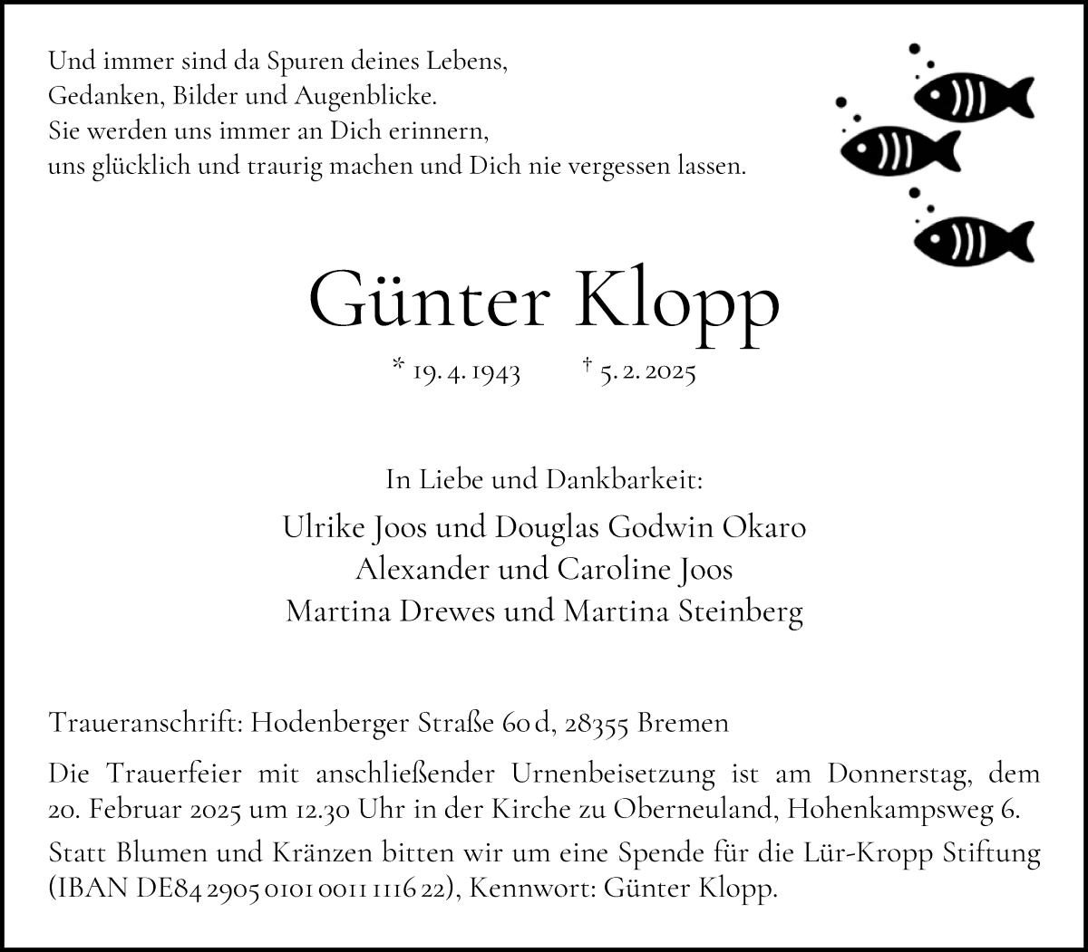 Traueranzeige von Günter Klopp von WESER-KURIER