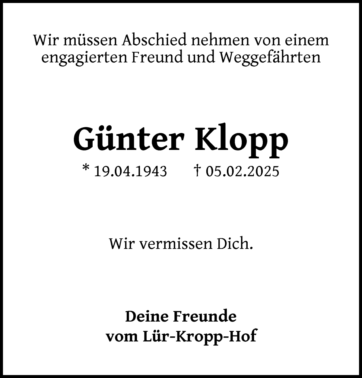 Traueranzeige von Günter Klopp von WESER-KURIER