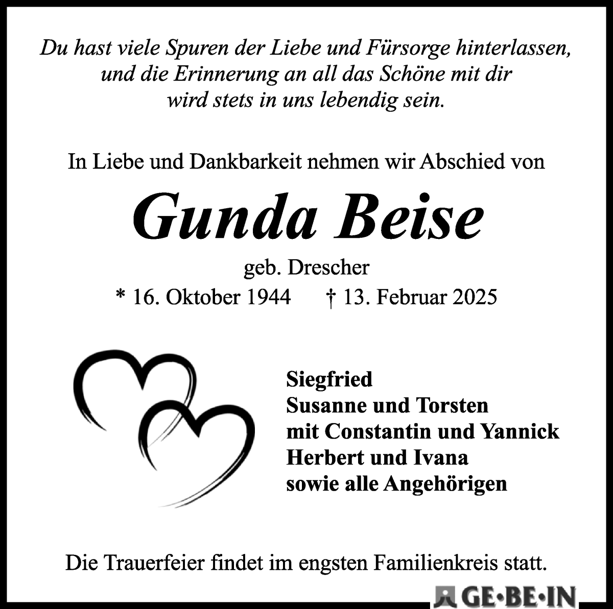 Traueranzeige von Gunda Beise von WESER-KURIER