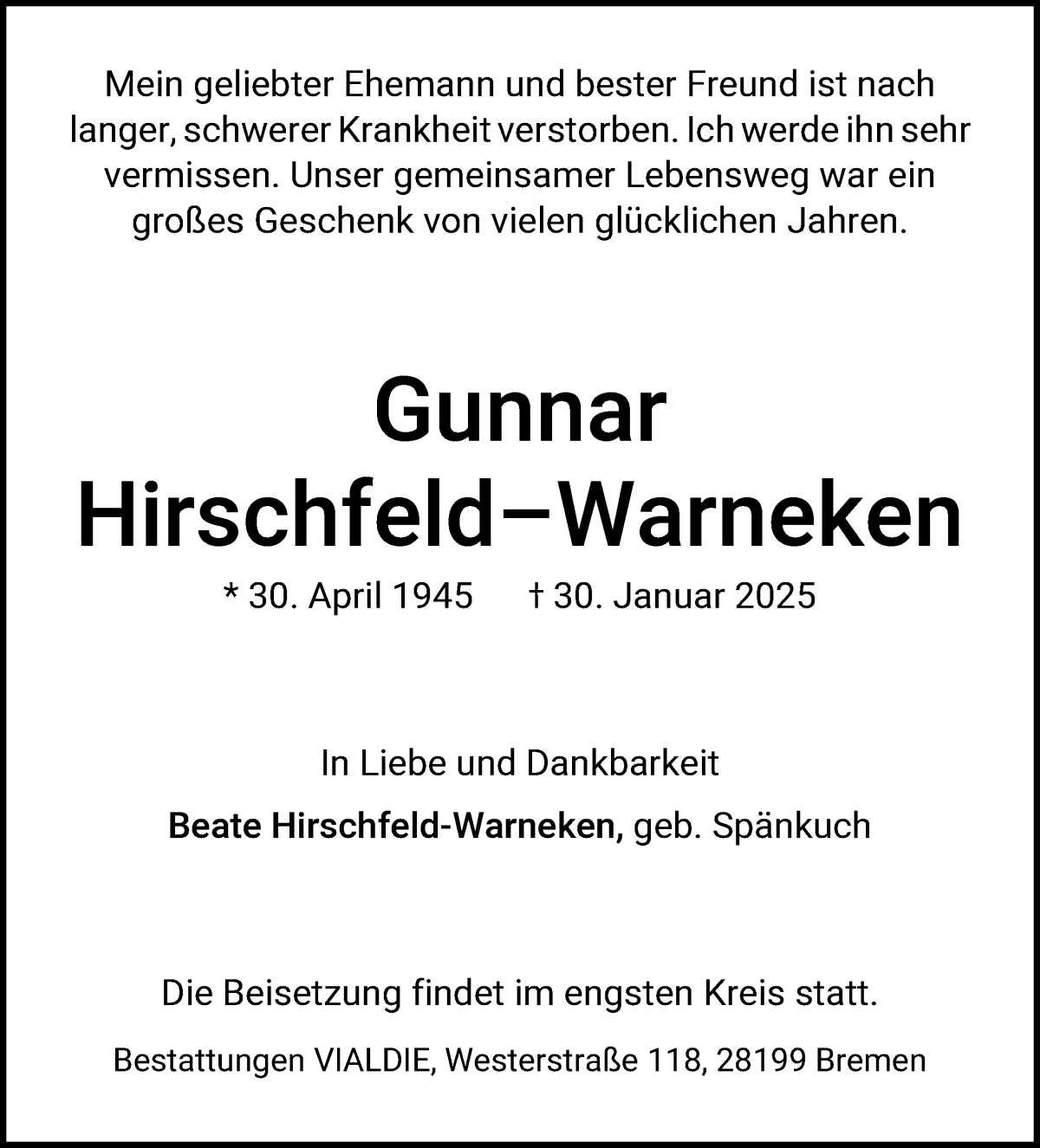 Traueranzeige von Gunnar Hirschfeld-Warneken von Achimer Kurier/Verdener Nachrichten