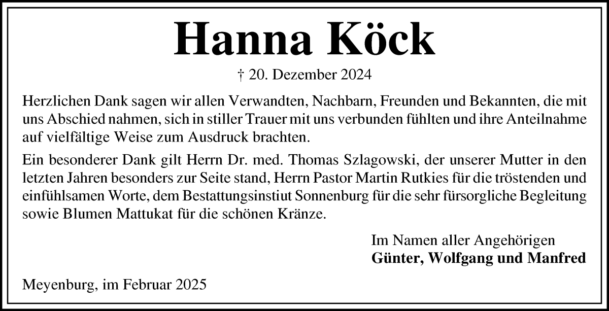 Traueranzeige von Hanna Köck von Die Norddeutsche