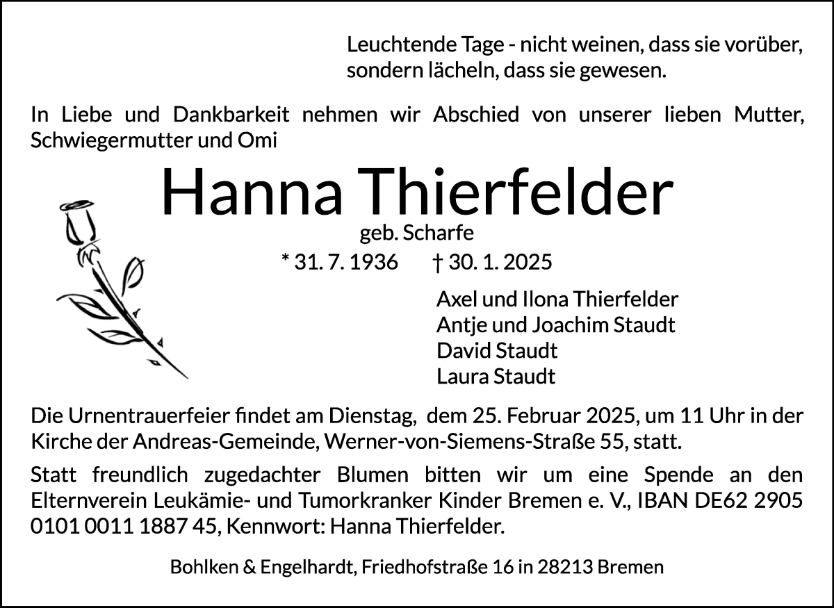 Traueranzeige von Hanna Thierfelder von WESER-KURIER