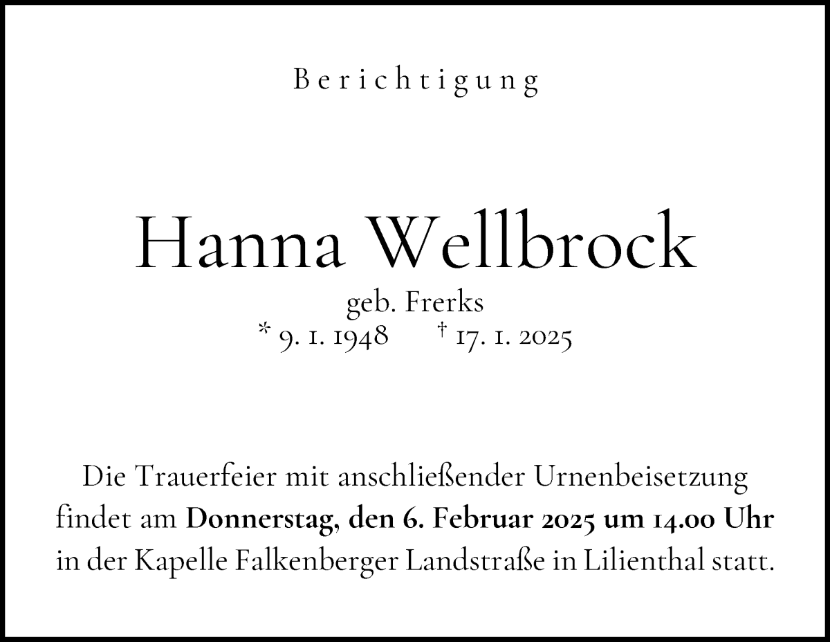 Traueranzeige von Hanna Wellbrock von Wuemme Zeitung