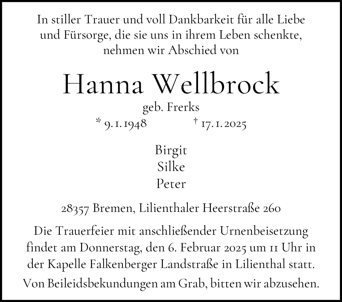 Traueranzeige von Hanna Wellbrock von Wuemme Zeitung