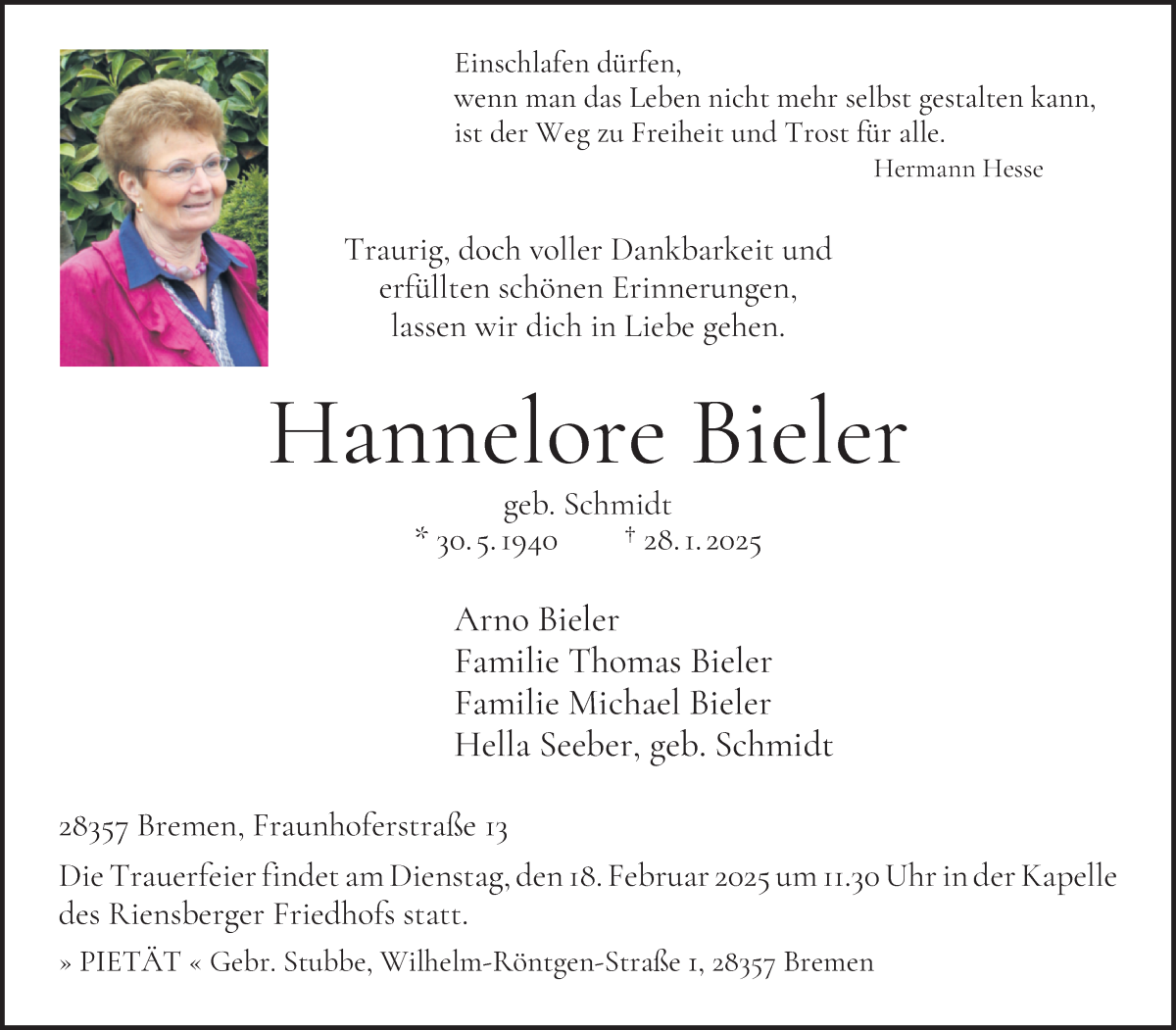 Traueranzeige von Hannelore Bieler von WESER-KURIER