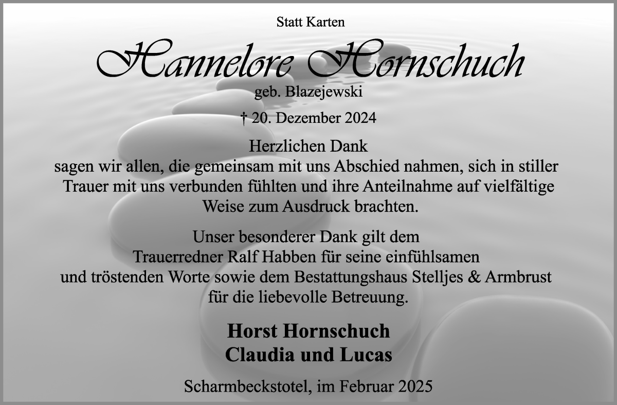 Traueranzeige von Hannelore Hornschuh von Osterholzer Kreisblatt