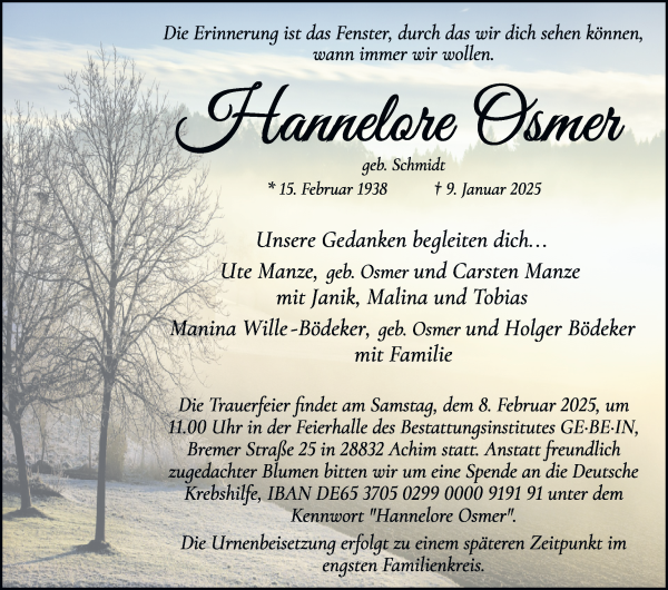Traueranzeige von Hannelore Osmer von WESER-KURIER