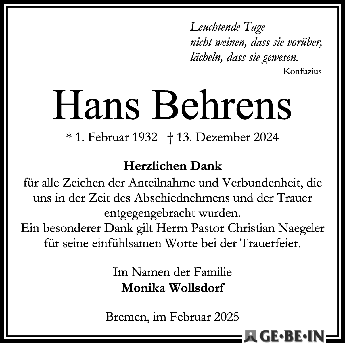 Traueranzeige von Hans Behrens von WESER-KURIER