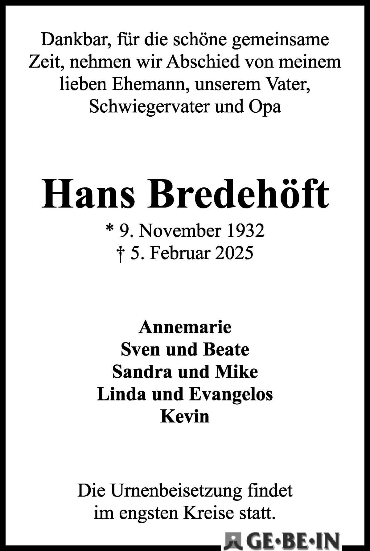 Traueranzeige von Hans Bredehöft von WESER-KURIER