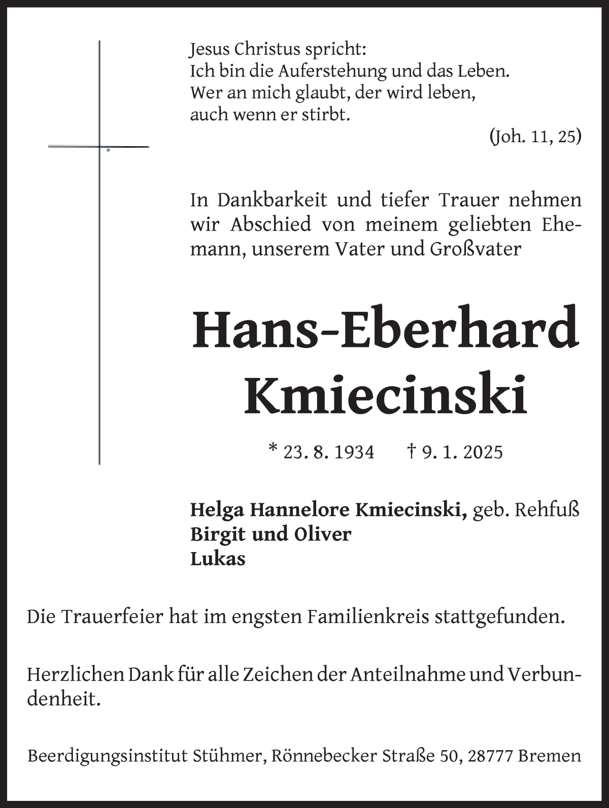 Traueranzeige von Hans-Eberhard Kmiecinski von WESER-KURIER