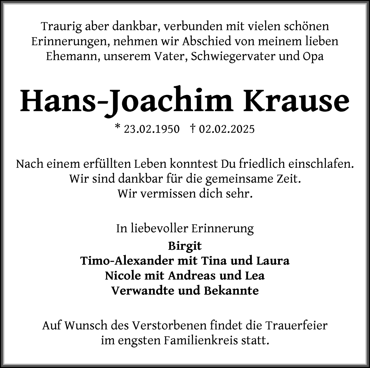 Traueranzeige von Hans-Joachim Krause von WESER-KURIER