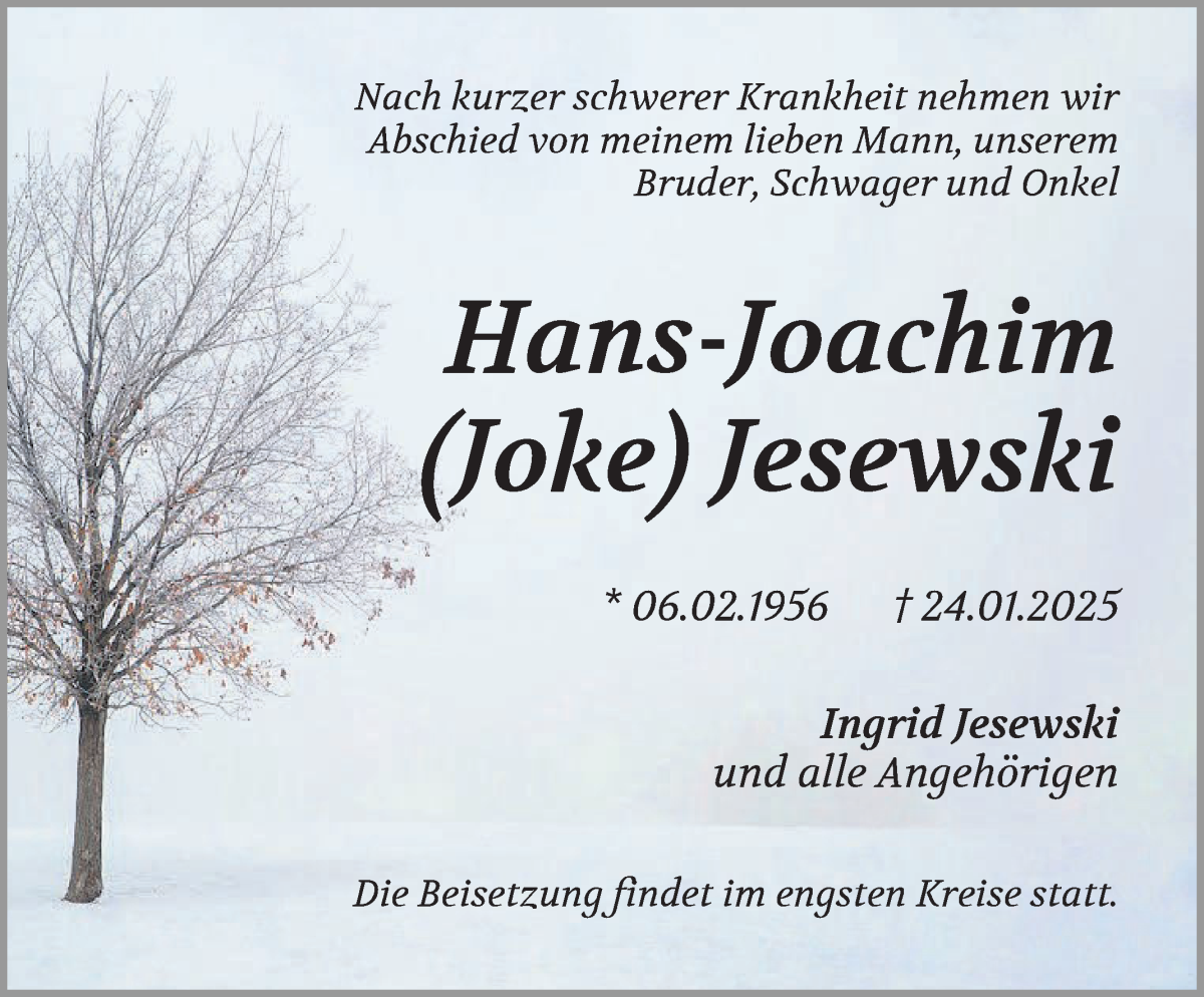 Traueranzeige von Hans-Joachim Joke Jesewski von WESER-KURIER