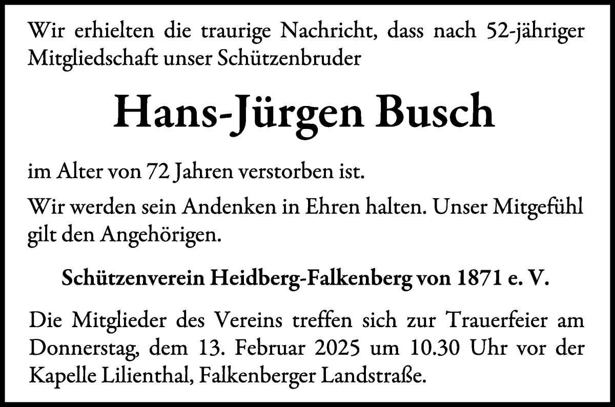 Traueranzeige von Hans-Jürgen Busch von Wuemme Zeitung