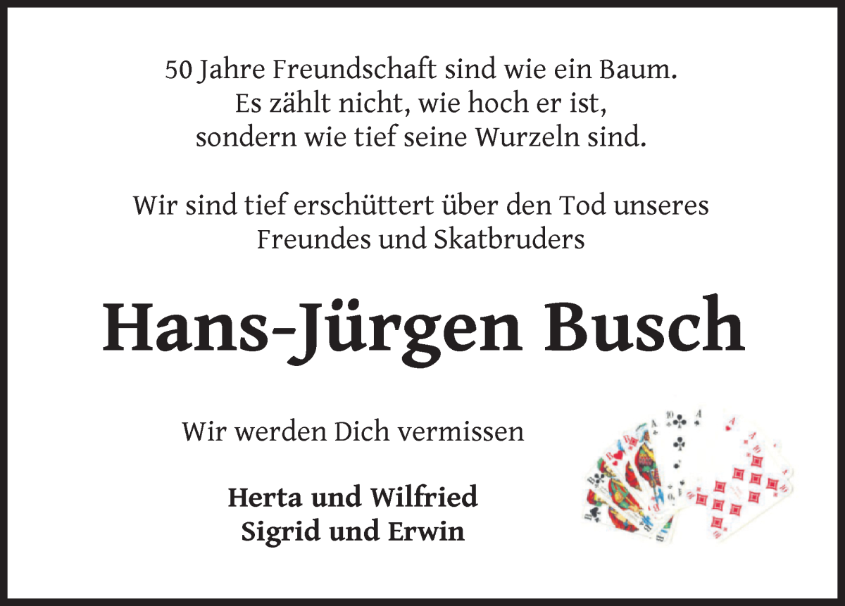 Traueranzeige von Hans-Jürgen Busch von Wuemme Zeitung