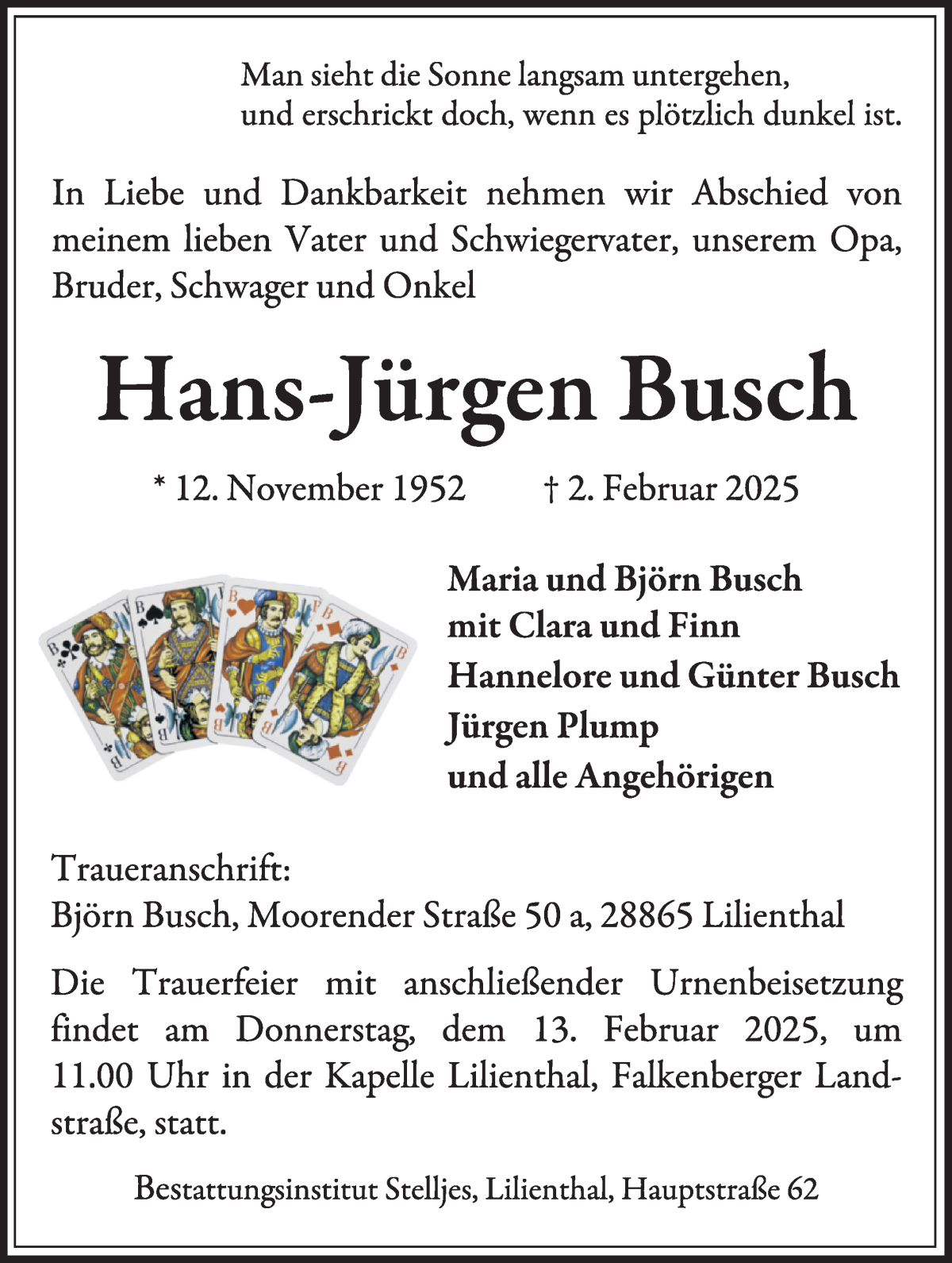 Traueranzeige von Hans-Jürgen Busch von Wuemme Zeitung
