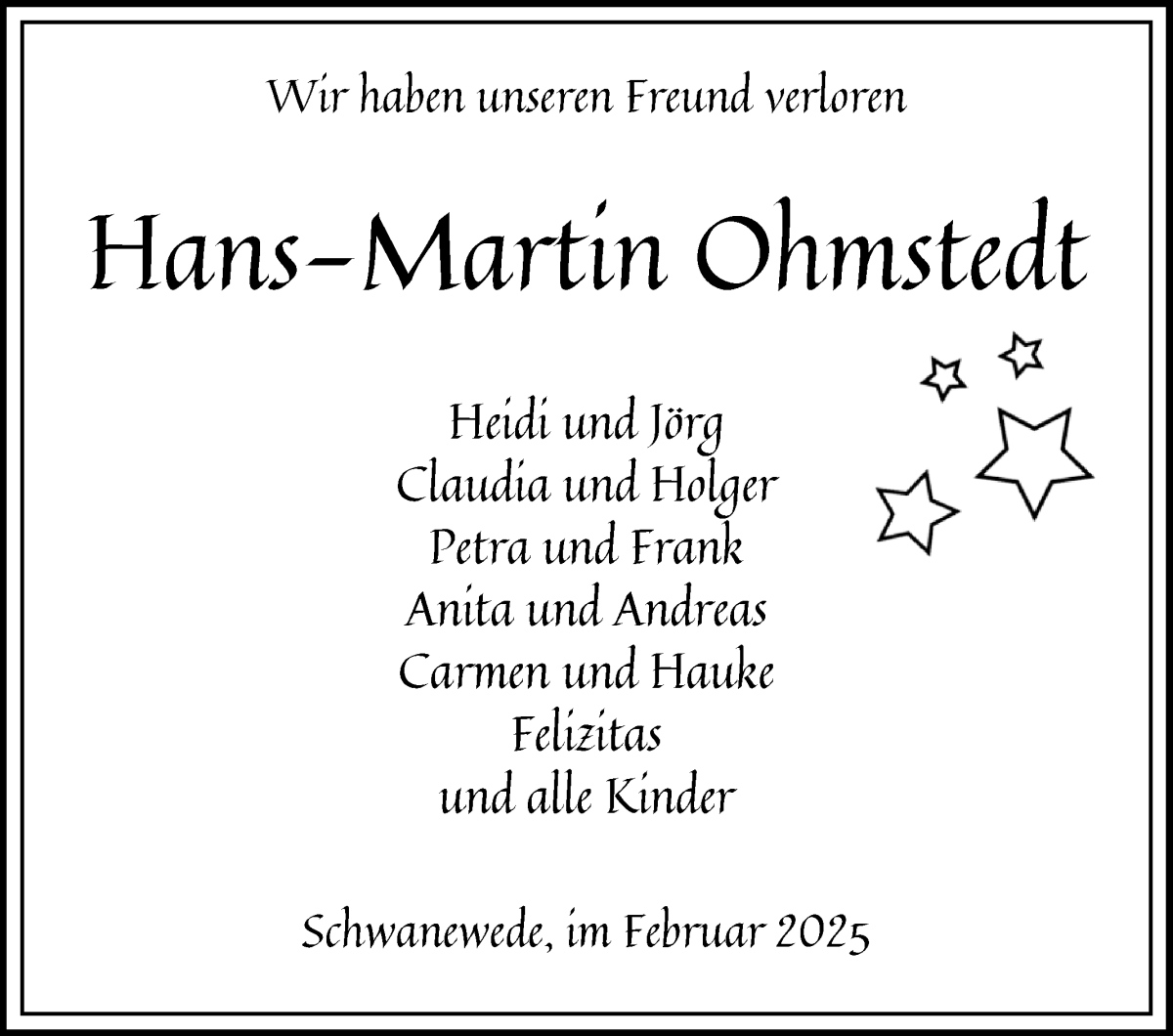 Traueranzeige von Hans-Martin Ohmstedt von Die Norddeutsche
