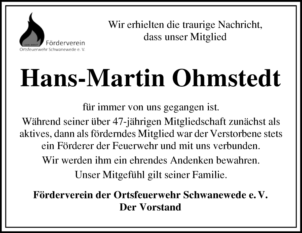 Traueranzeige von Hans-Martin Ohmstedt von Die Norddeutsche