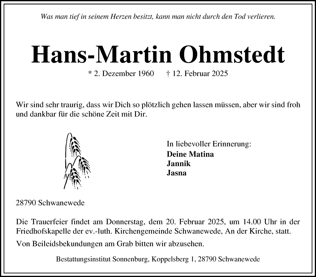 Traueranzeige von Hans-Martin Ohmstedt von Die Norddeutsche
