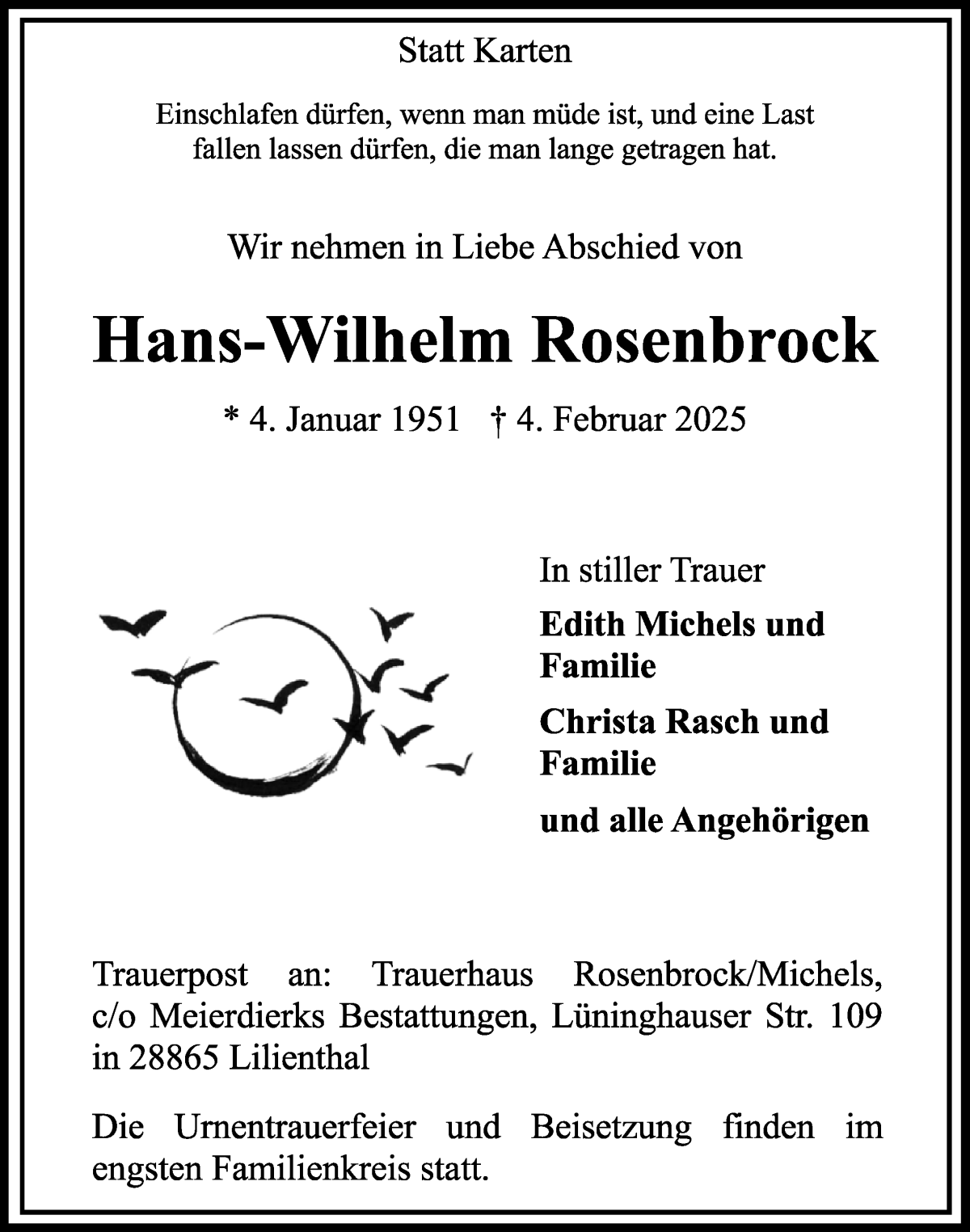 Traueranzeige von Hans-Wilhelm Rosenbrock von Wuemme Zeitung