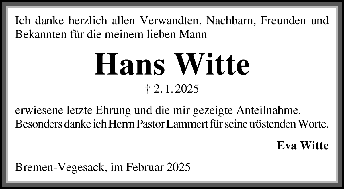 Traueranzeige von Hans Witte von Die Norddeutsche
